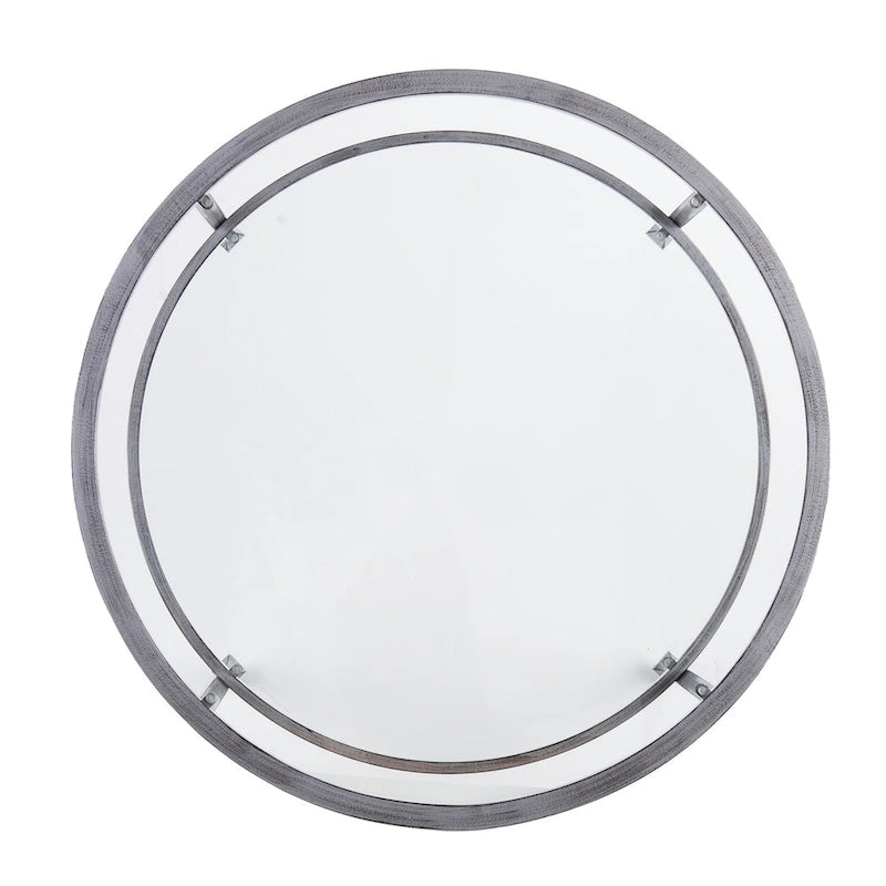 Table basse ronde en argent vieilli avec plateau en verre et étagère