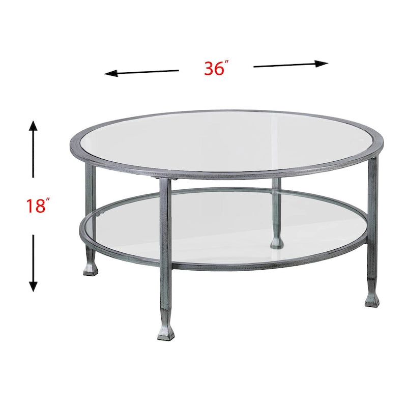 Table basse ronde en argent vieilli avec plateau en verre et étagère