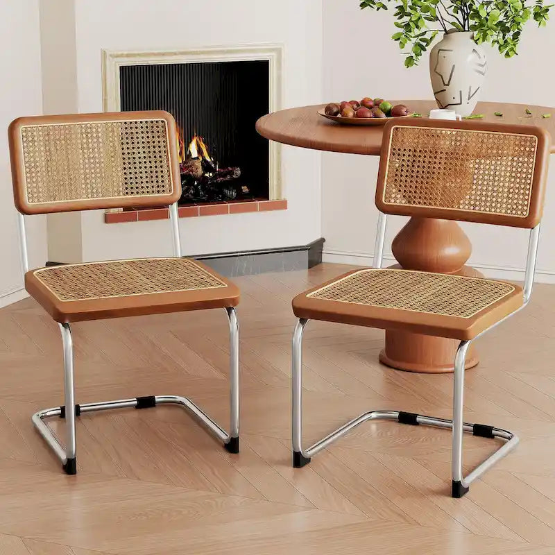 Lot de 2 chaises de salle à manger, chaises de cuisine en rotin naturel tapissées, chaises d'appoint sans accoudoirs