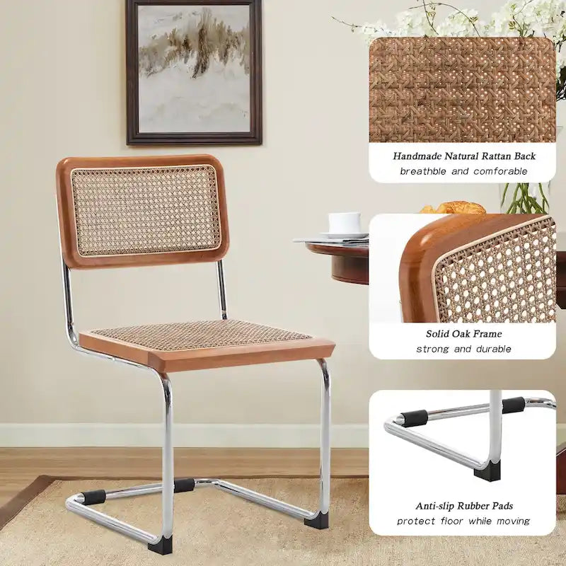 Lot de 2 chaises de salle à manger, chaises de cuisine en rotin naturel tapissées, chaises d'appoint sans accoudoirs