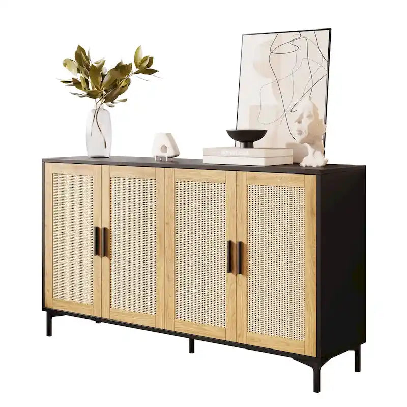 Buffet de cuisine avec portes décorées en rotin