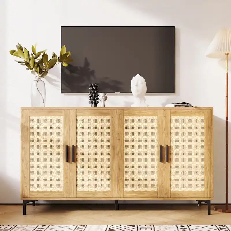 Buffet de cuisine avec portes décorées en rotin