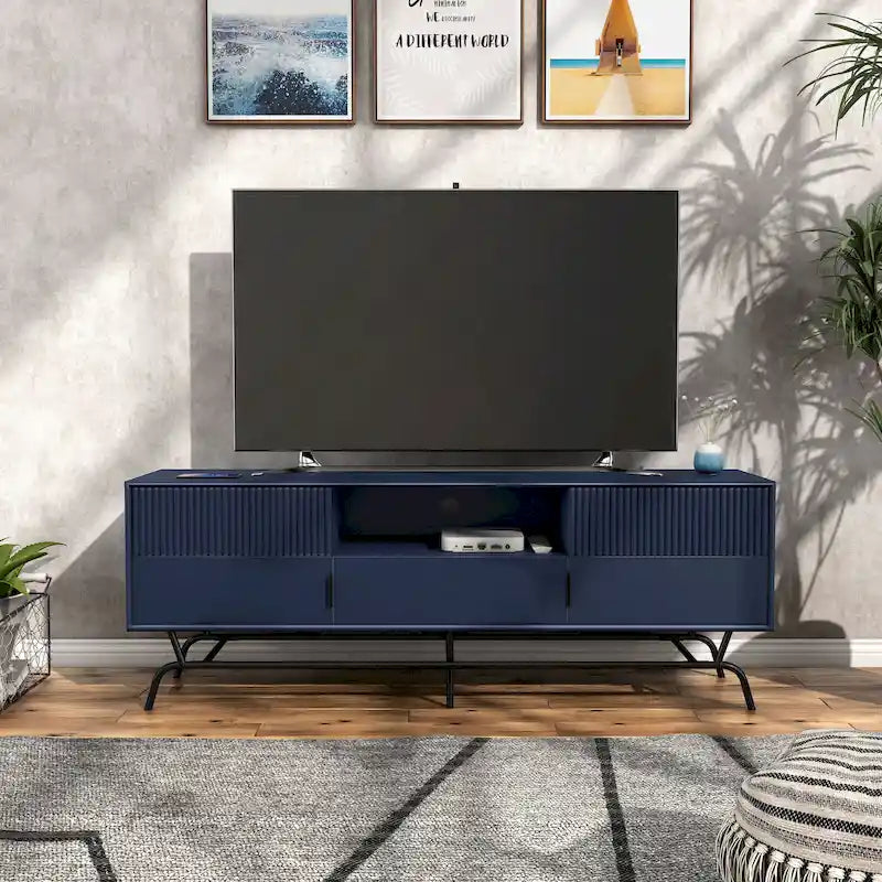 Meuble TV moderne de 60 pouces avec 3 tiroirs et trou pour câbles