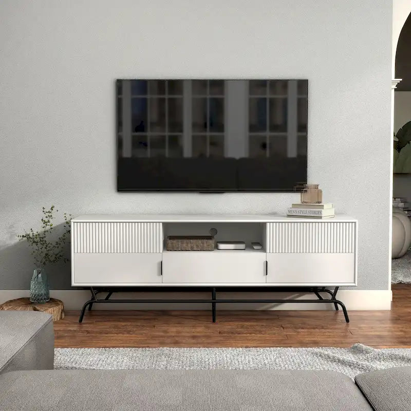 Meuble TV moderne de 60 pouces avec 3 tiroirs et trou pour câbles