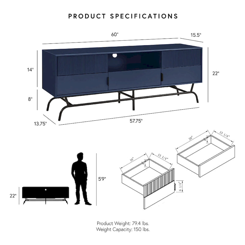 Modern 60-inch 3-Drawer Media Cabinet TV Stand with Cable Hole