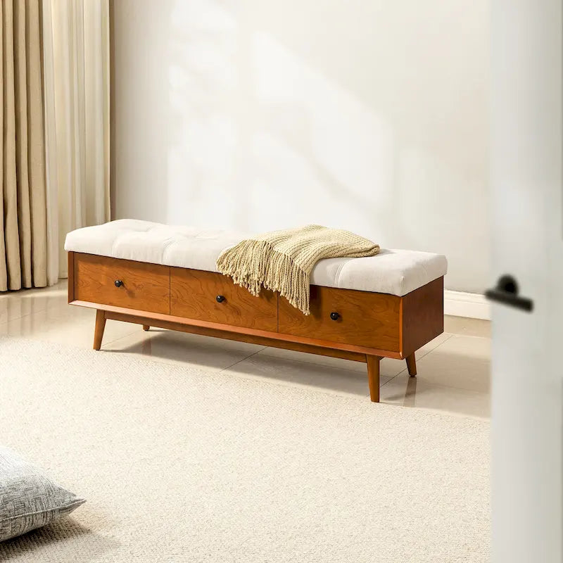 Mid-century Tufted Storage Bench with 45-degree splicing design by