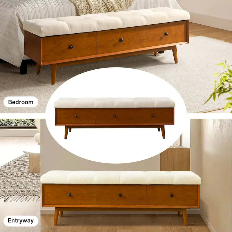 Mid-century Tufted Storage Bench with 45-degree splicing design by