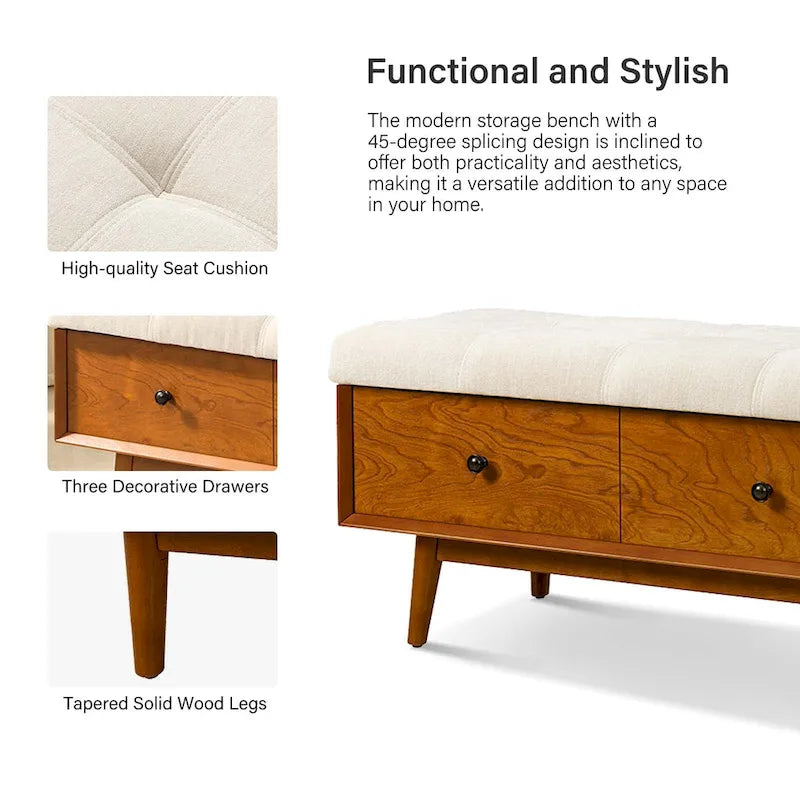 Mid-century Tufted Storage Bench with 45-degree splicing design by