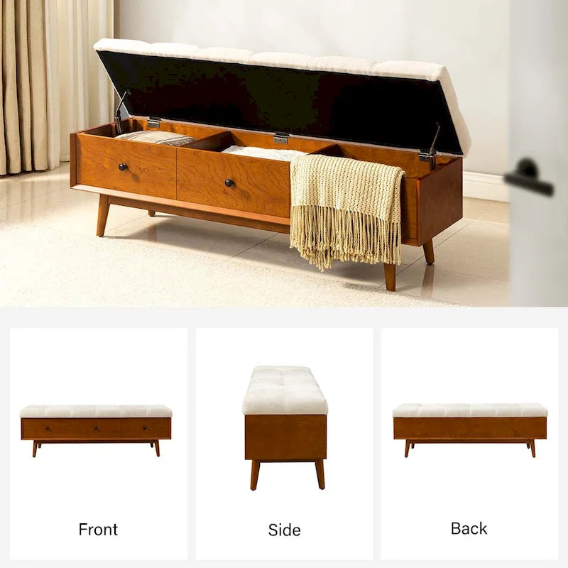 Mid-century Tufted Storage Bench with 45-degree splicing design by
