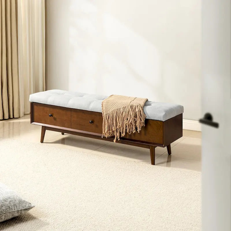 Mid-century Tufted Storage Bench with 45-degree splicing design by