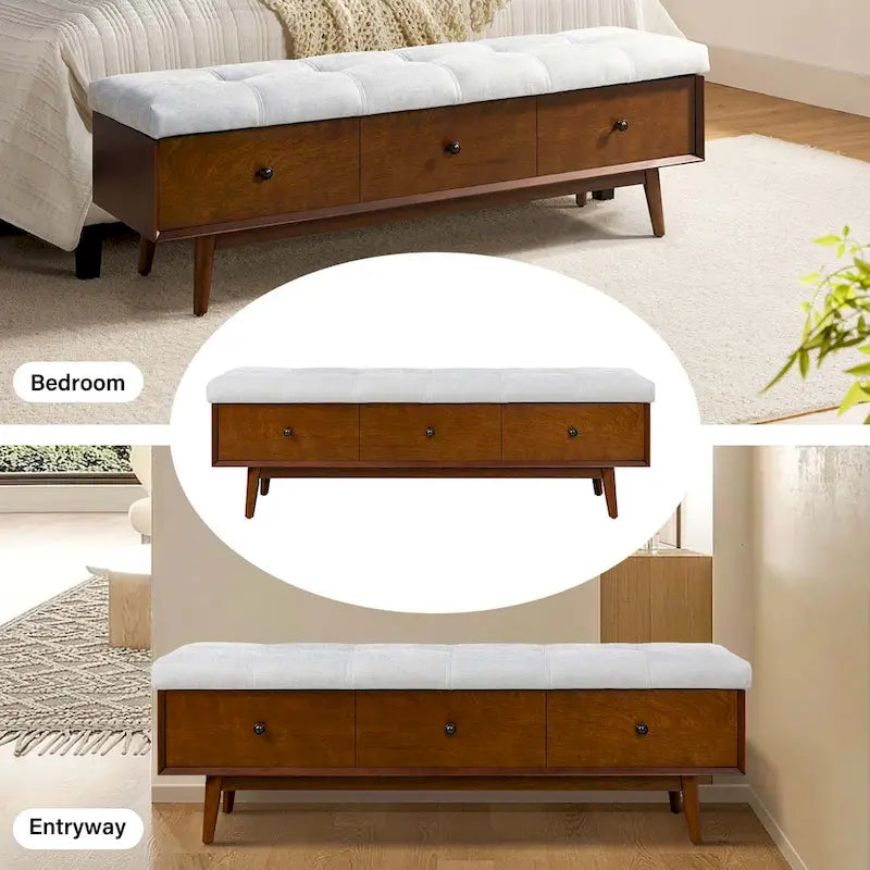 Mid-century Tufted Storage Bench with 45-degree splicing design by