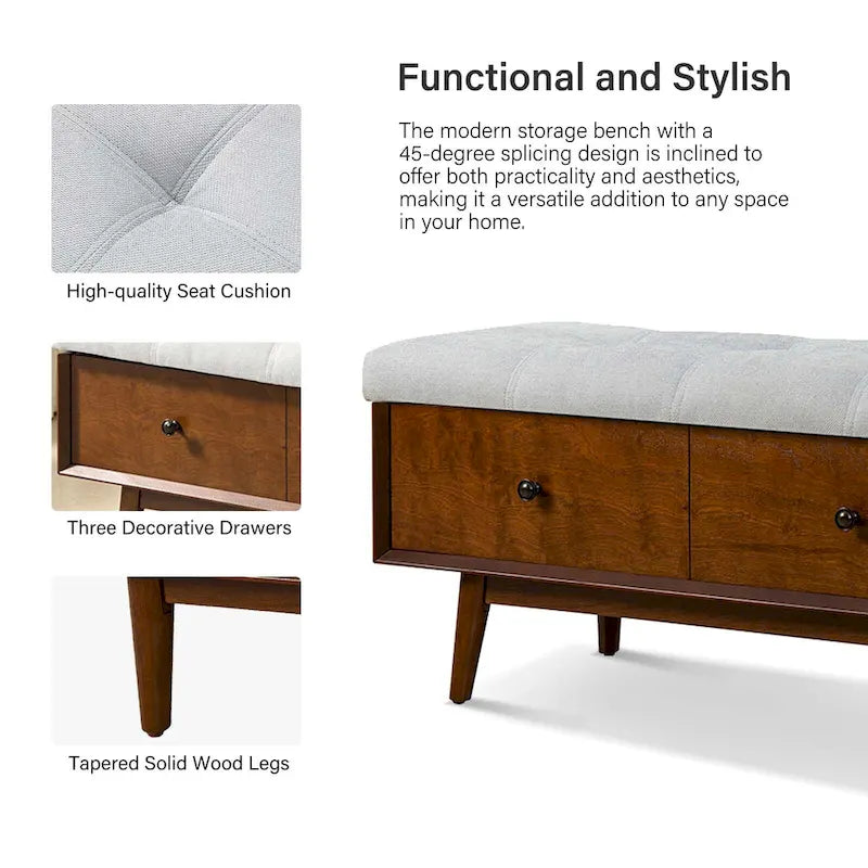 Mid-century Tufted Storage Bench with 45-degree splicing design by