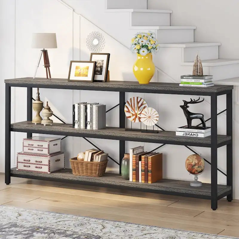 Console extra longue avec cadre métallique pour entrée, meuble TV à 3 niveaux