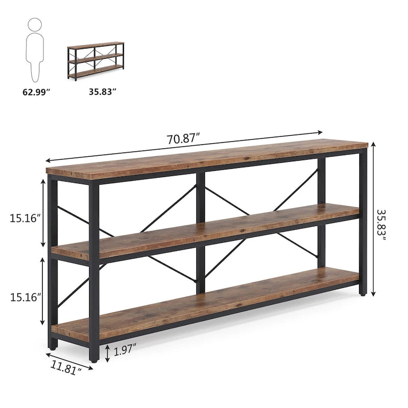 Extra Long Console Sofa Table with Metal Frame for Entrance, 3 Tiers TV Stand
