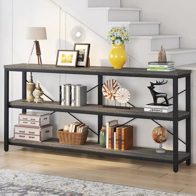Extra Long Console Sofa Table with Metal Frame for Entrance, 3 Tiers TV Stand