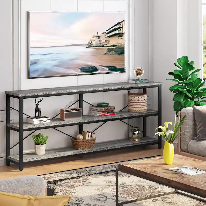 Extra Long Console Sofa Table with Metal Frame for Entrance, 3 Tiers TV Stand