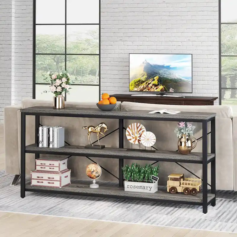 Extra Long Console Sofa Table with Metal Frame for Entrance, 3 Tiers TV Stand
