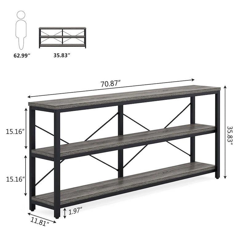 Extra Long Console Sofa Table with Metal Frame for Entrance, 3 Tiers TV Stand