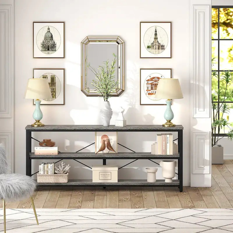 Extra Long Console Sofa Table with Metal Frame for Entrance, 3 Tiers TV Stand