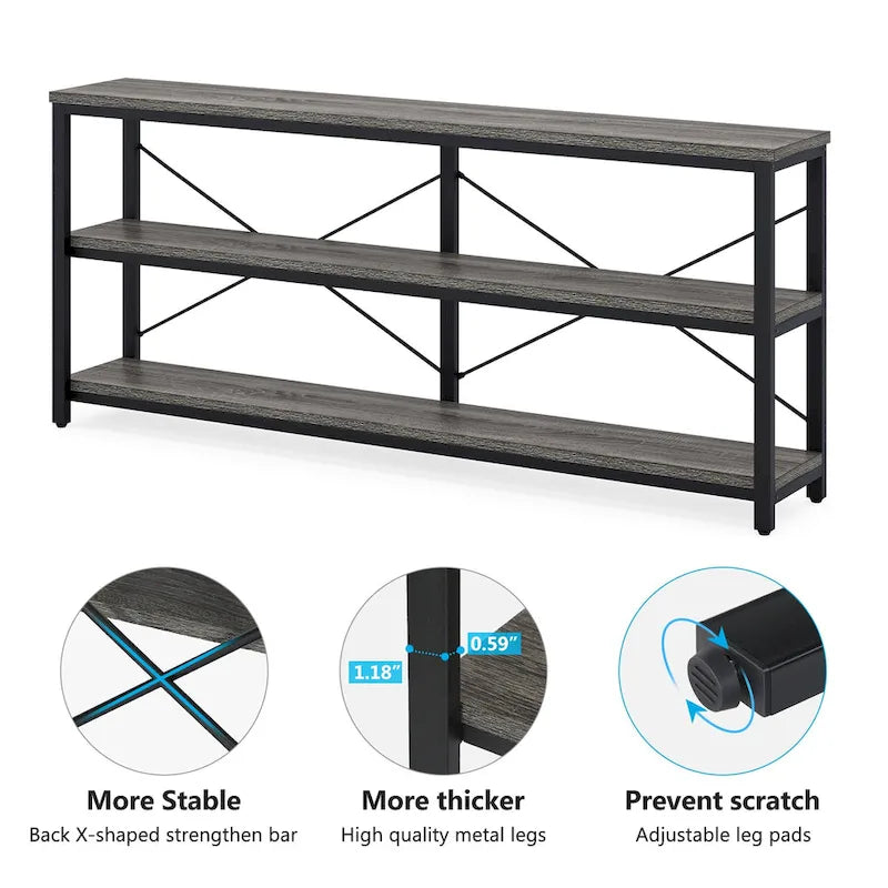 Extra Long Console Sofa Table with Metal Frame for Entrance, 3 Tiers TV Stand