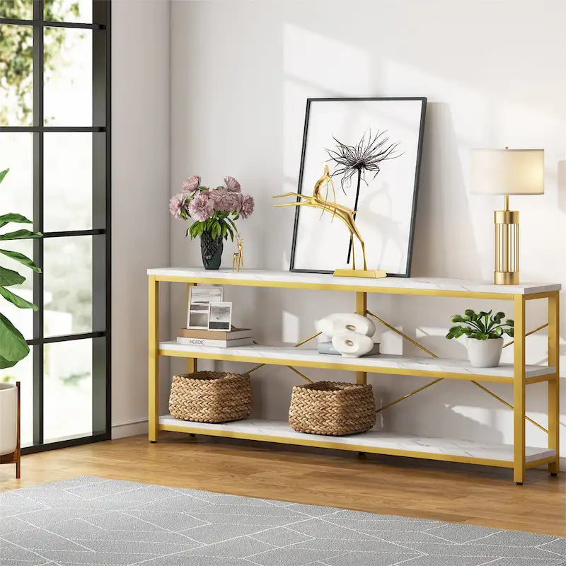 Extra Long Console Sofa Table with Metal Frame for Entrance, 3 Tiers TV Stand