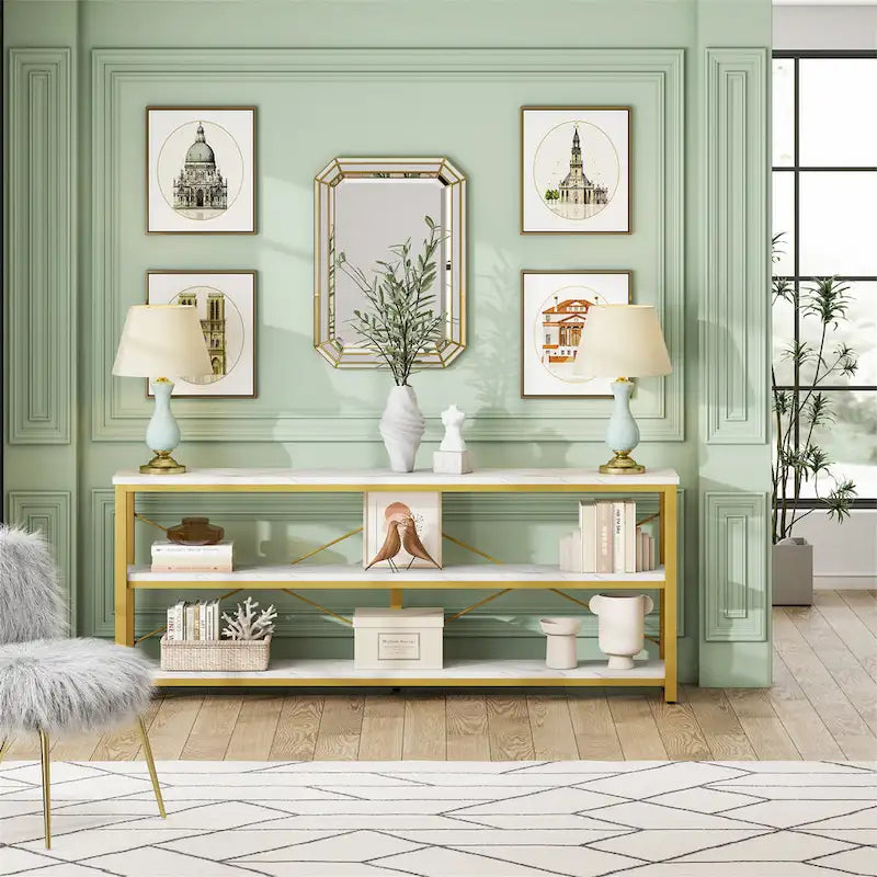 Extra Long Console Sofa Table with Metal Frame for Entrance, 3 Tiers TV Stand