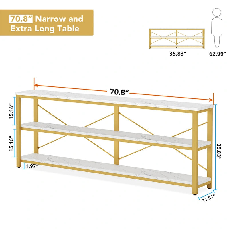 Extra Long Console Sofa Table with Metal Frame for Entrance, 3 Tiers TV Stand