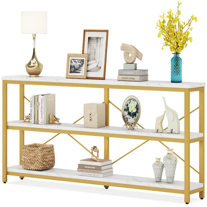 Extra Long Console Sofa Table with Metal Frame for Entrance, 3 Tiers TV Stand