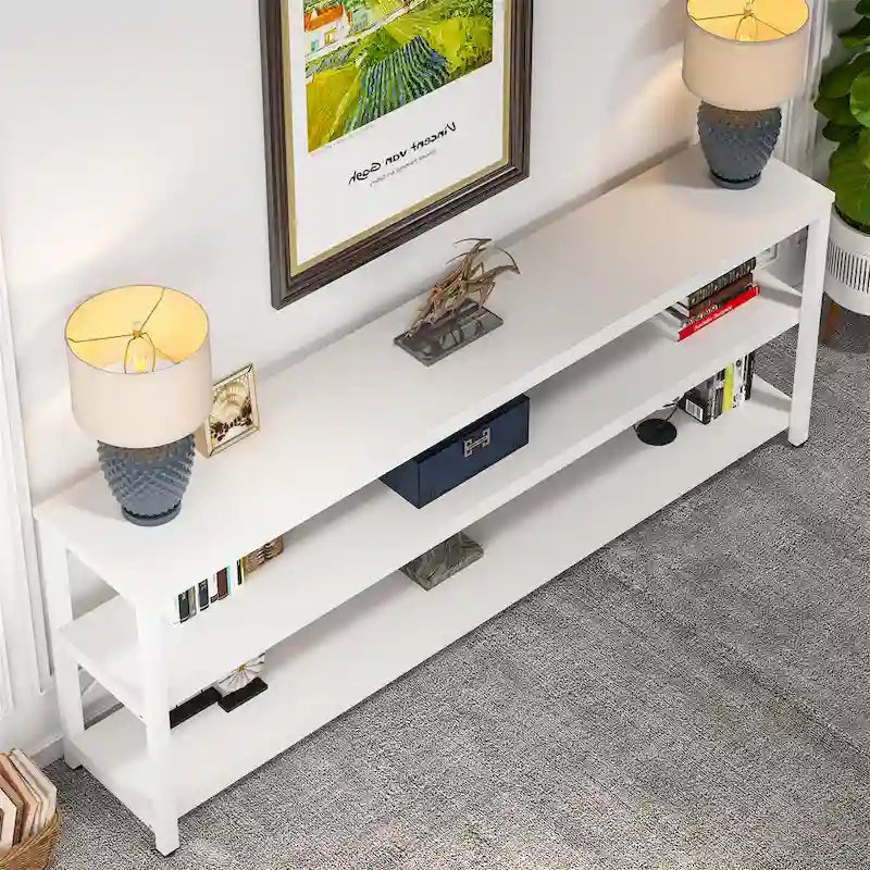 Extra Long Console Sofa Table with Metal Frame for Entrance, 3 Tiers TV Stand