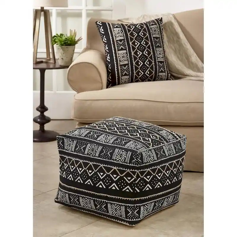 Pouf de sol avec motif en tissu bogolan foncé
