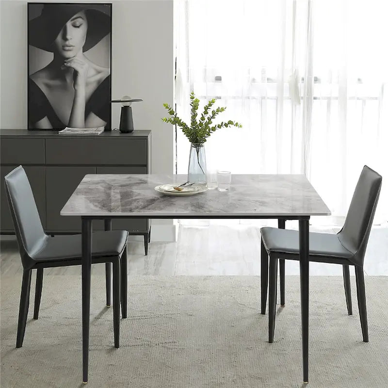 Table à manger de cuisine moderne en ardoise avec plateau en pierre frittée et pieds en métal (table uniquement) - 80x80x76 cm