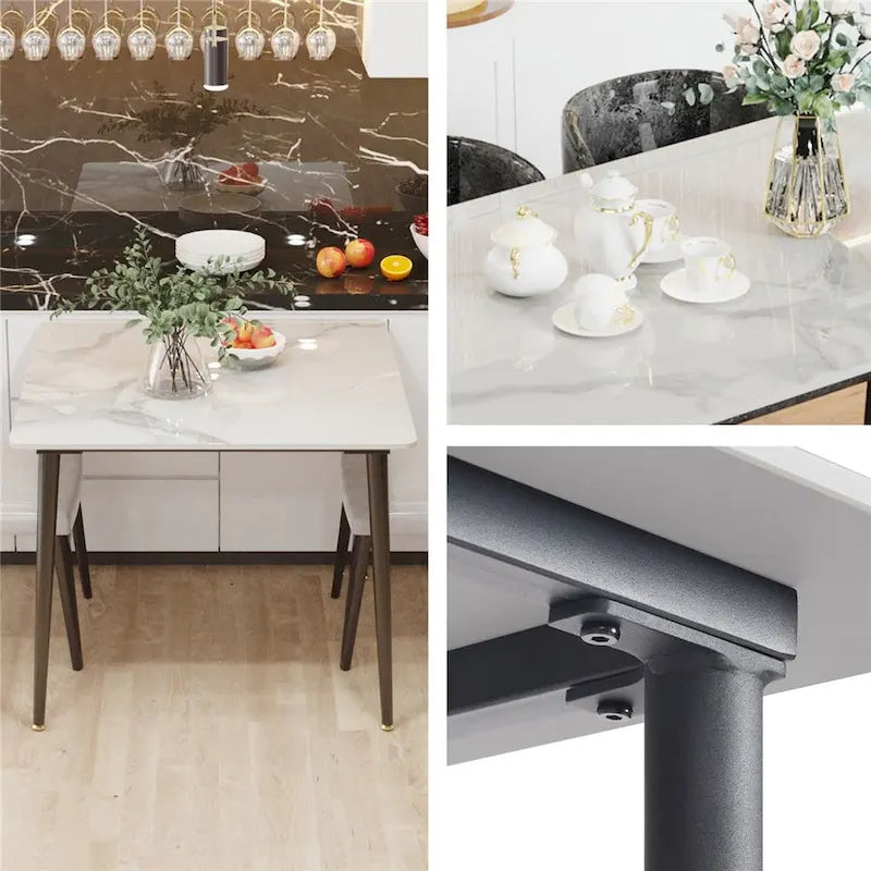 Table à manger de cuisine moderne en ardoise avec plateau en pierre frittée et pieds en métal (table uniquement) - 80x80x76 cm
