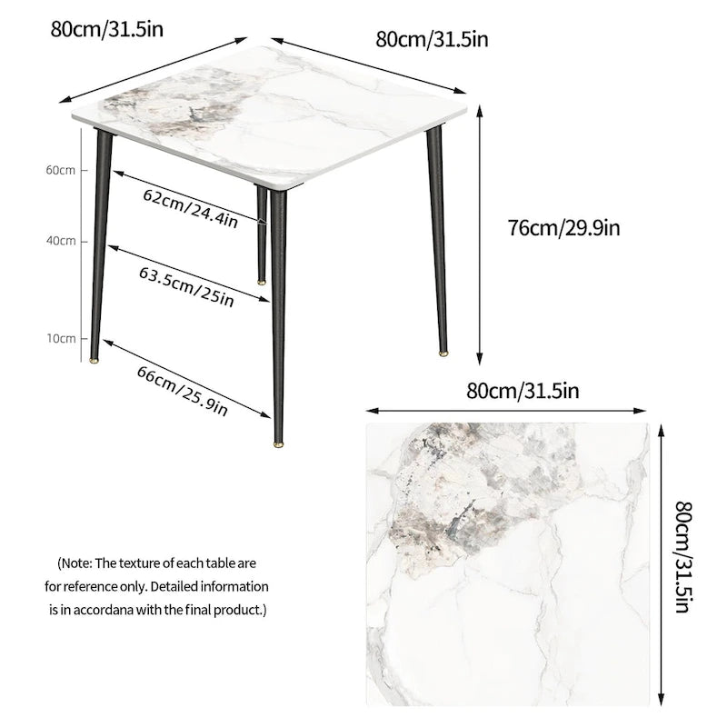 Table à manger de cuisine moderne en ardoise avec plateau en pierre frittée et pieds en métal (table uniquement) - 80x80x76 cm