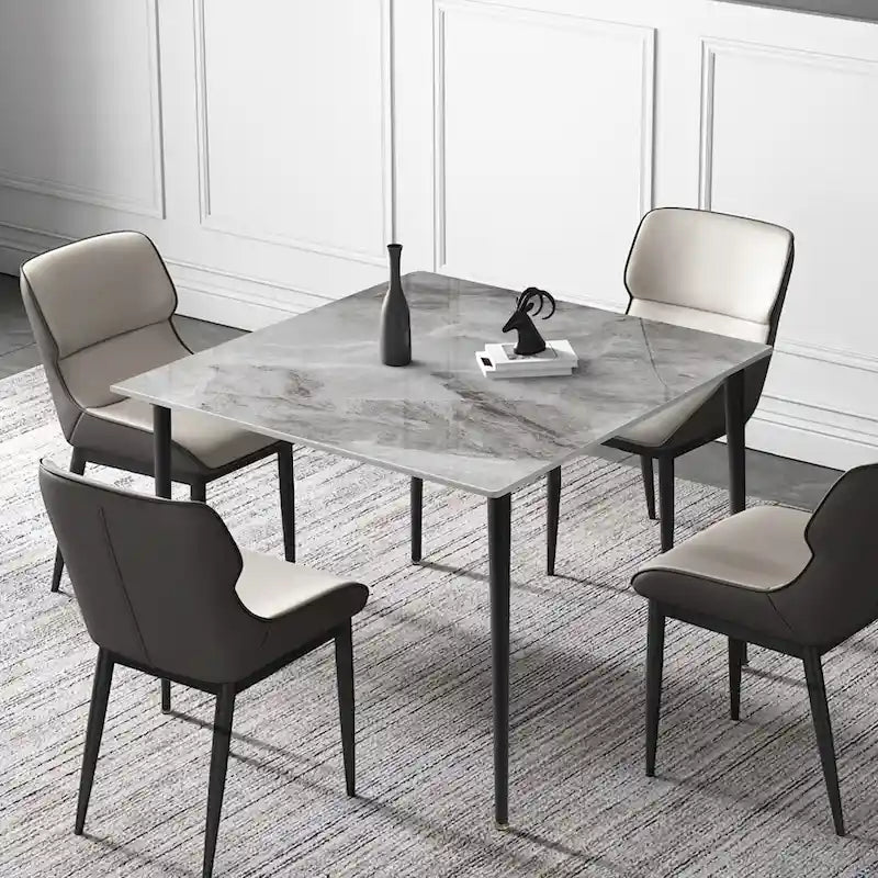 Table à manger de cuisine moderne en ardoise avec plateau en pierre frittée et pieds en métal (table uniquement) - 80x80x76 cm