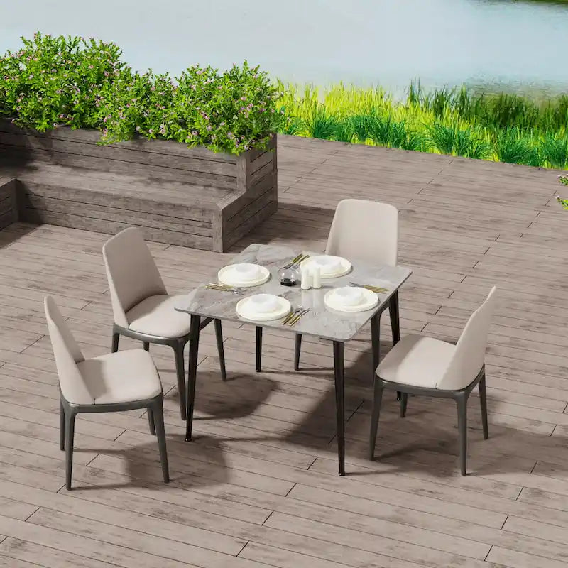 Table à manger de cuisine moderne en ardoise avec plateau en pierre frittée et pieds en métal (table uniquement) - 80x80x76 cm