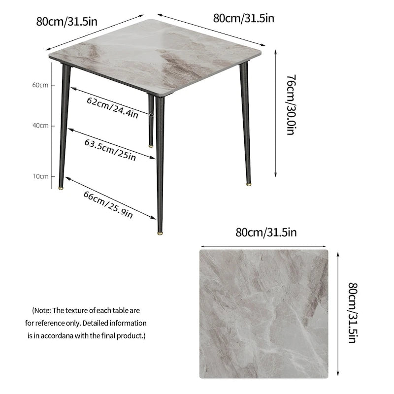 Table à manger de cuisine moderne en ardoise avec plateau en pierre frittée et pieds en métal (table uniquement) - 80x80x76 cm