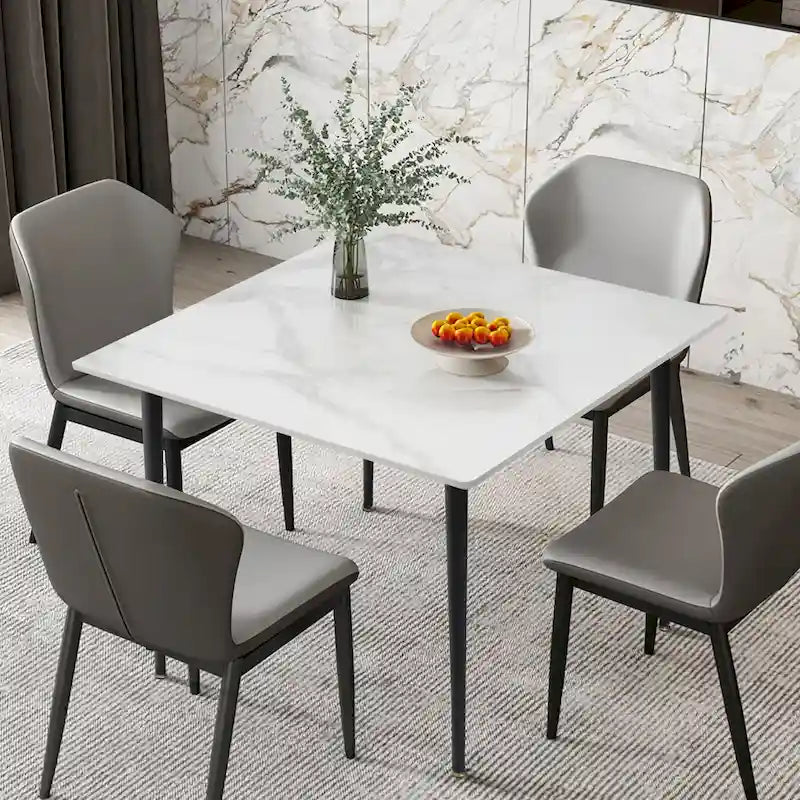 Table à manger de cuisine moderne en ardoise avec plateau en pierre frittée et pieds en métal (table uniquement) - 80x80x76 cm