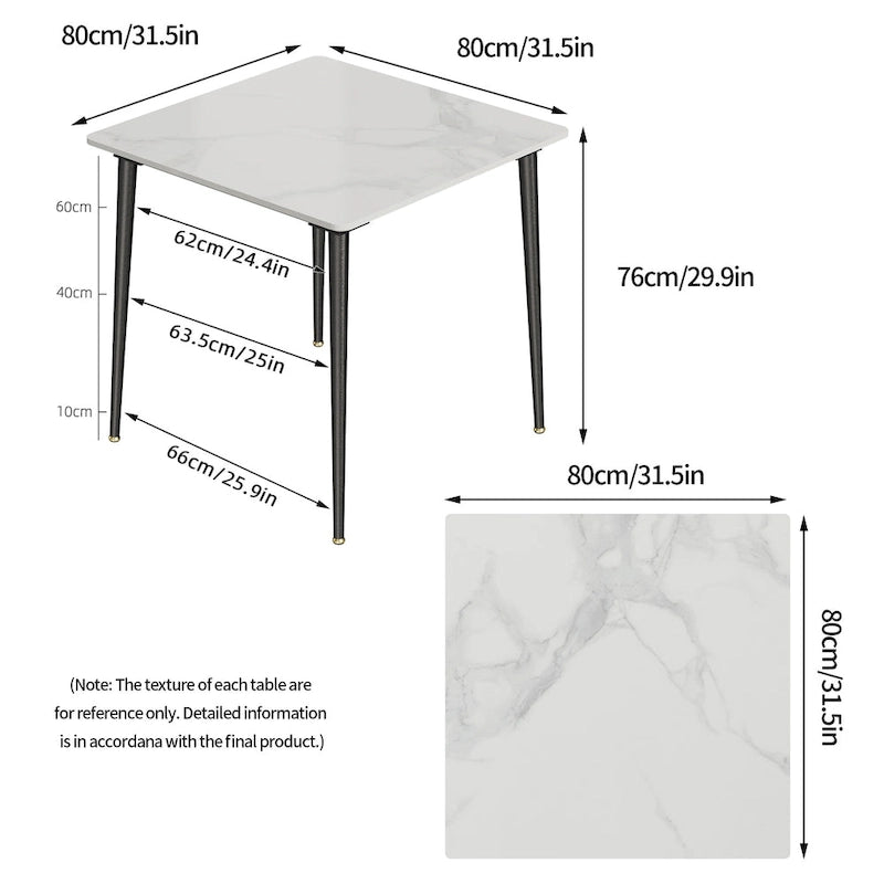 Table à manger de cuisine moderne en ardoise avec plateau en pierre frittée et pieds en métal (table uniquement) - 80x80x76 cm