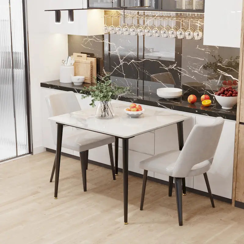 Table à manger de cuisine moderne en ardoise avec plateau en pierre frittée et pieds en métal (table uniquement) - 80x80x76 cm