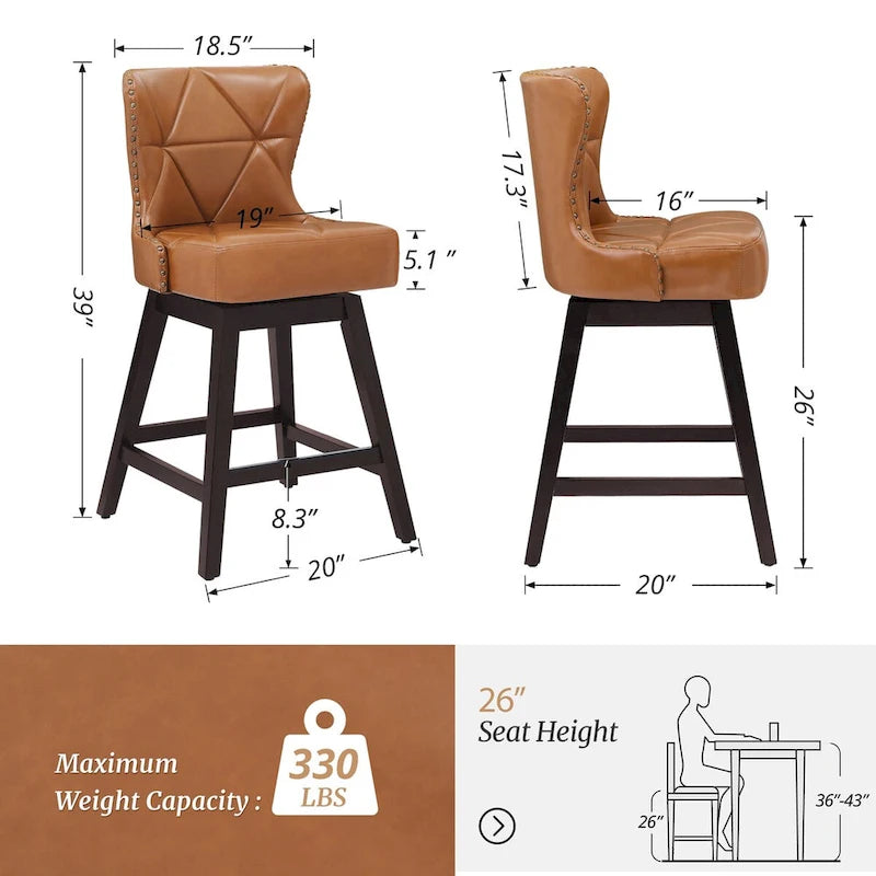 Tabourets de bar pivotants de style Mid-Century Modern de 26 po en similicuir/tissu rembourré pour îlot, ensemble de 4