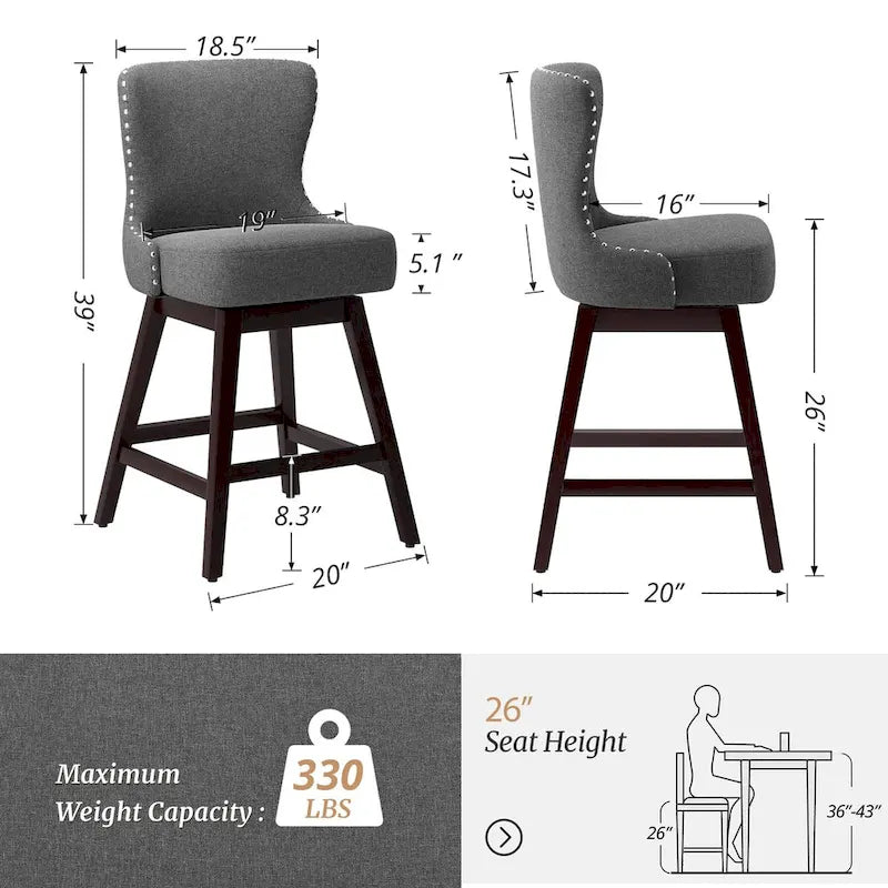 Tabourets de bar pivotants de style Mid-Century Modern de 26 po en similicuir/tissu rembourré pour îlot, ensemble de 4