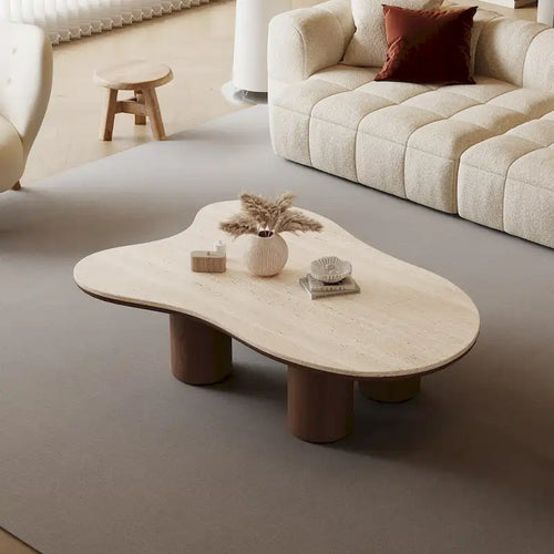 Table basse en bois moderne 48, plateau en pierre mate, en forme de nuage