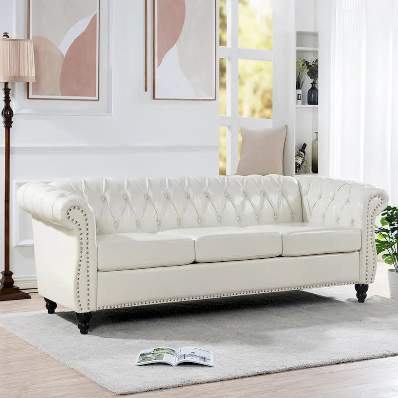 Cream 84.65 Traditional Chesterfield 3 Seater Sofa, PU Leather