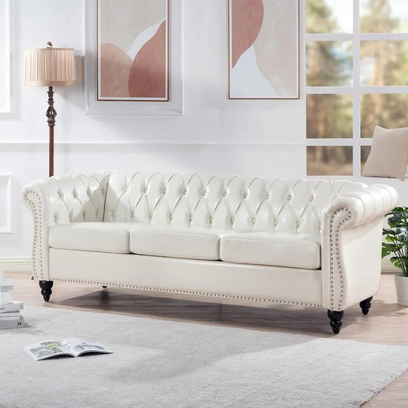 Cream 84.65 Traditional Chesterfield 3 Seater Sofa, PU Leather