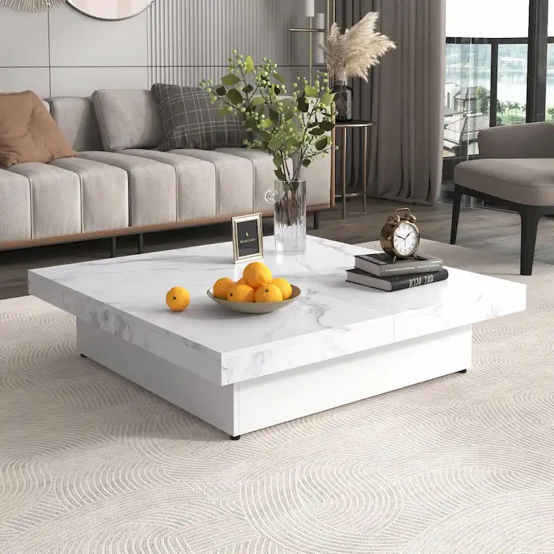 Table basse carrée en marbre (placage) de 39,4 po avec rangement supérieur coulissant