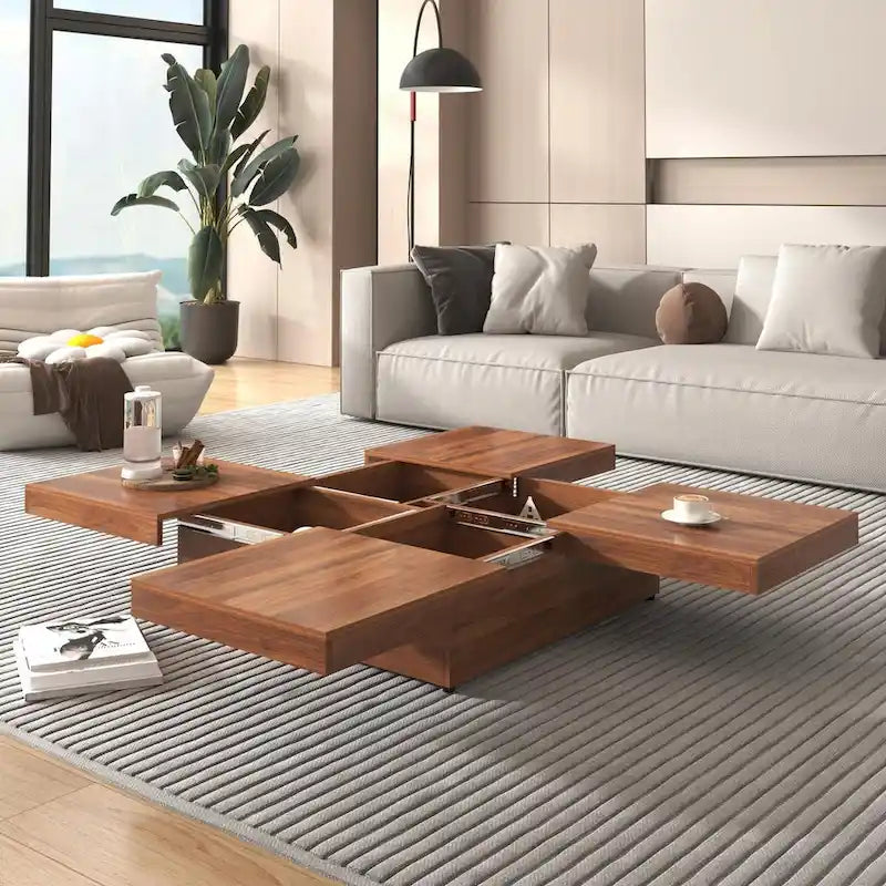 39.4 Square Marble Veneer Coffee Table with Sliding Top Storage