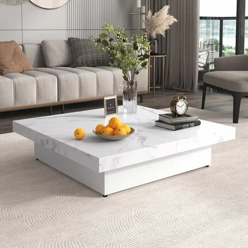 39.4 Square Marble Veneer Coffee Table with Sliding Top Storage