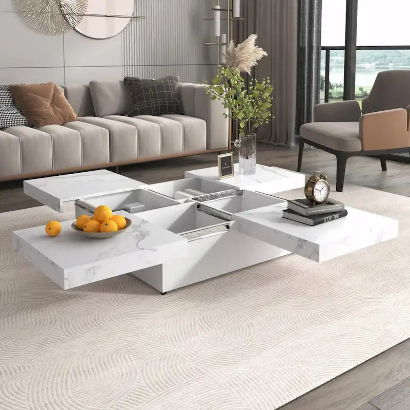 39.4 Square Marble Veneer Coffee Table with Sliding Top Storage