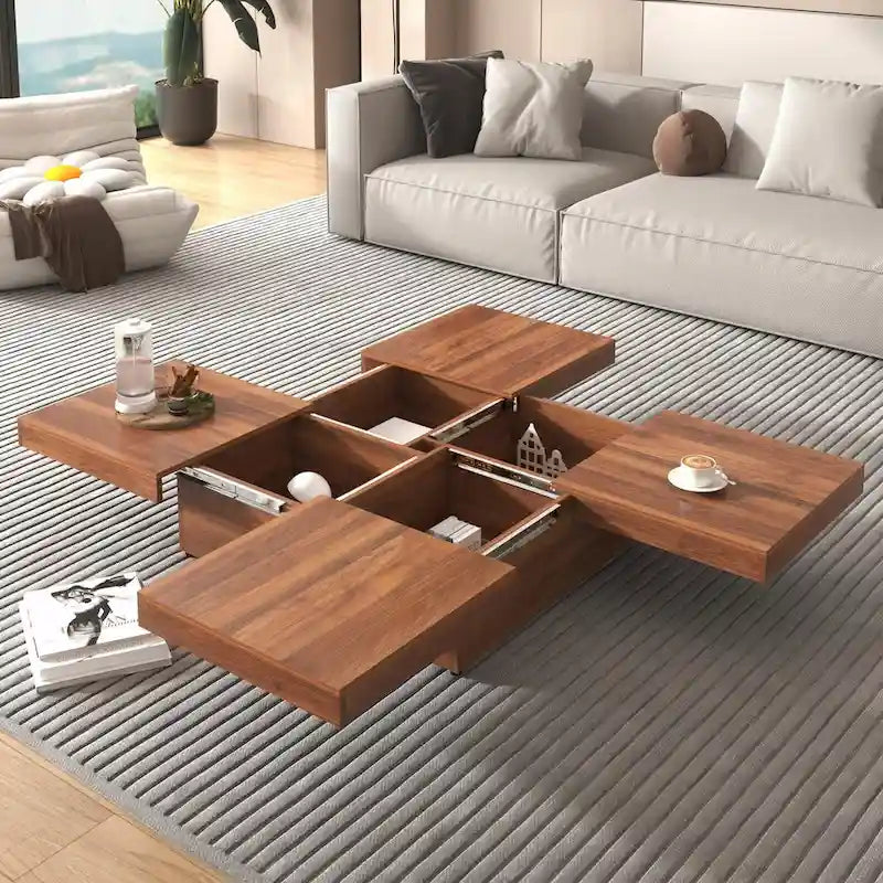 39.4 Square Marble Veneer Coffee Table with Sliding Top Storage