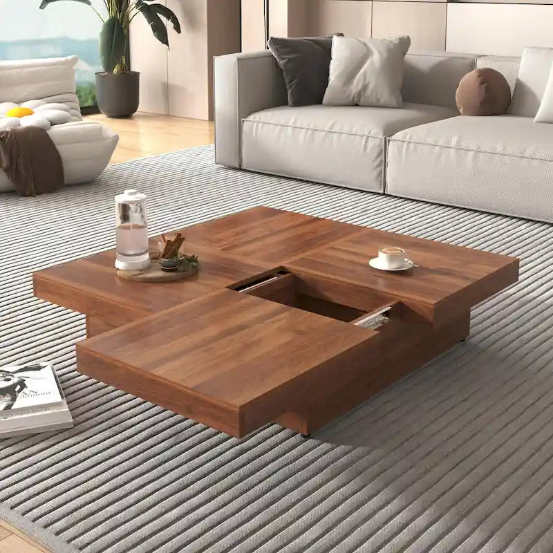 39.4 Square Marble Veneer Coffee Table with Sliding Top Storage